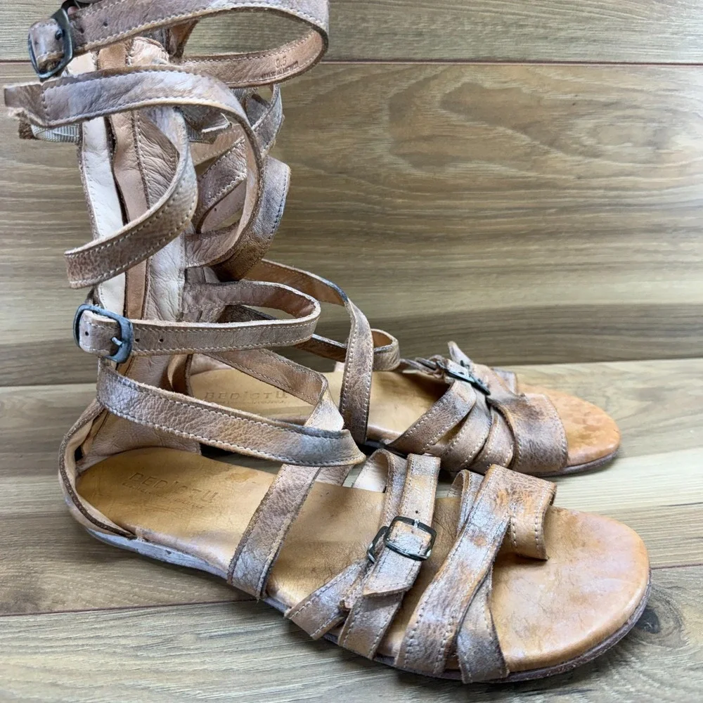 BEDSTU Seneca Gladiator Sandals 9.5 Boho Festival Strappy Back Zip Tan Rustic